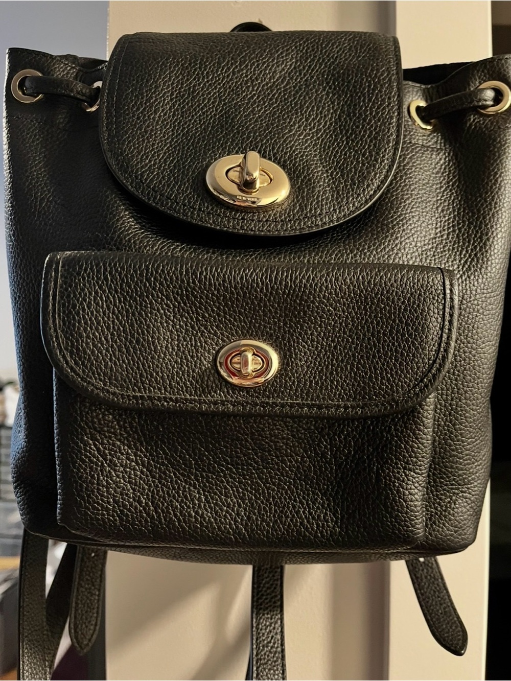 Beautiful  Black #37581 Pebbled Leather Drawstring Backpack Gold Hardware